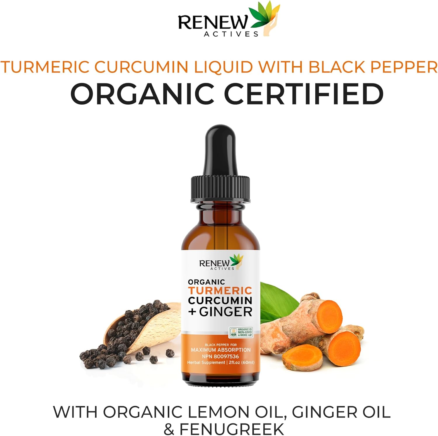 Renew Actives Organic Turmeric Curcumin Liquid Extract with Ginger & Lemon Oil