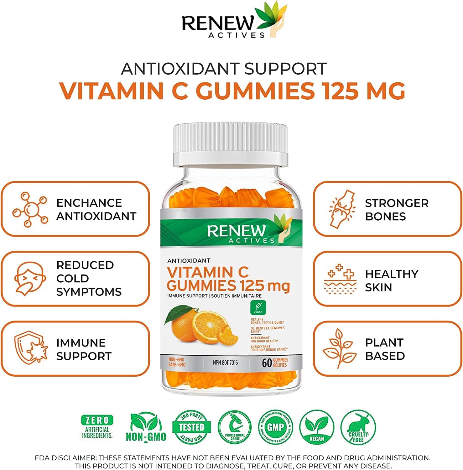 Renew Actives Vitamin C Gummies, (60 Count) 125MG, Like Eating Fresh Oranges