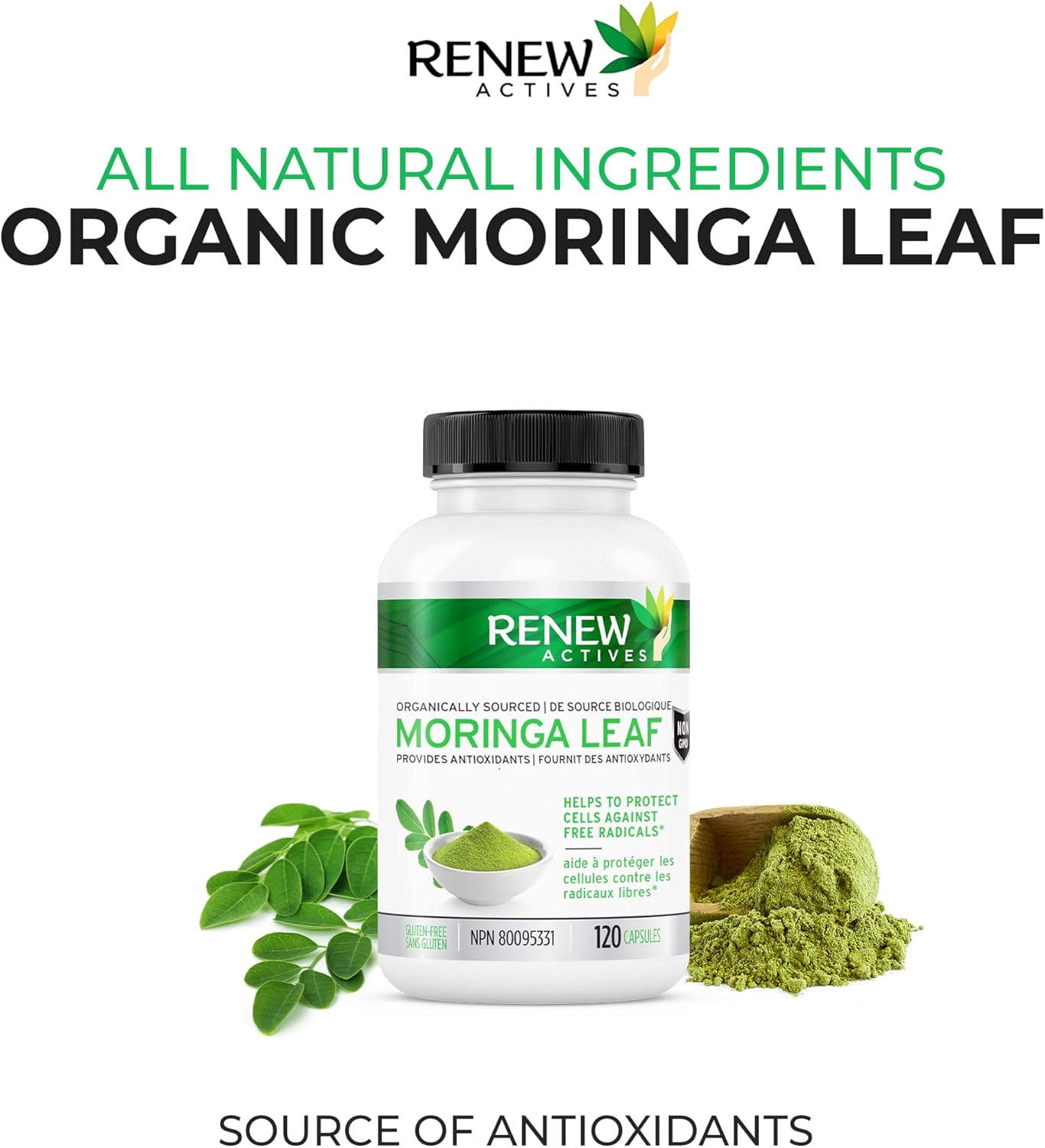 Renew Actives Organic Moringa Leaf Supplement: 120 High Potency Moringa Oleifera Capsules