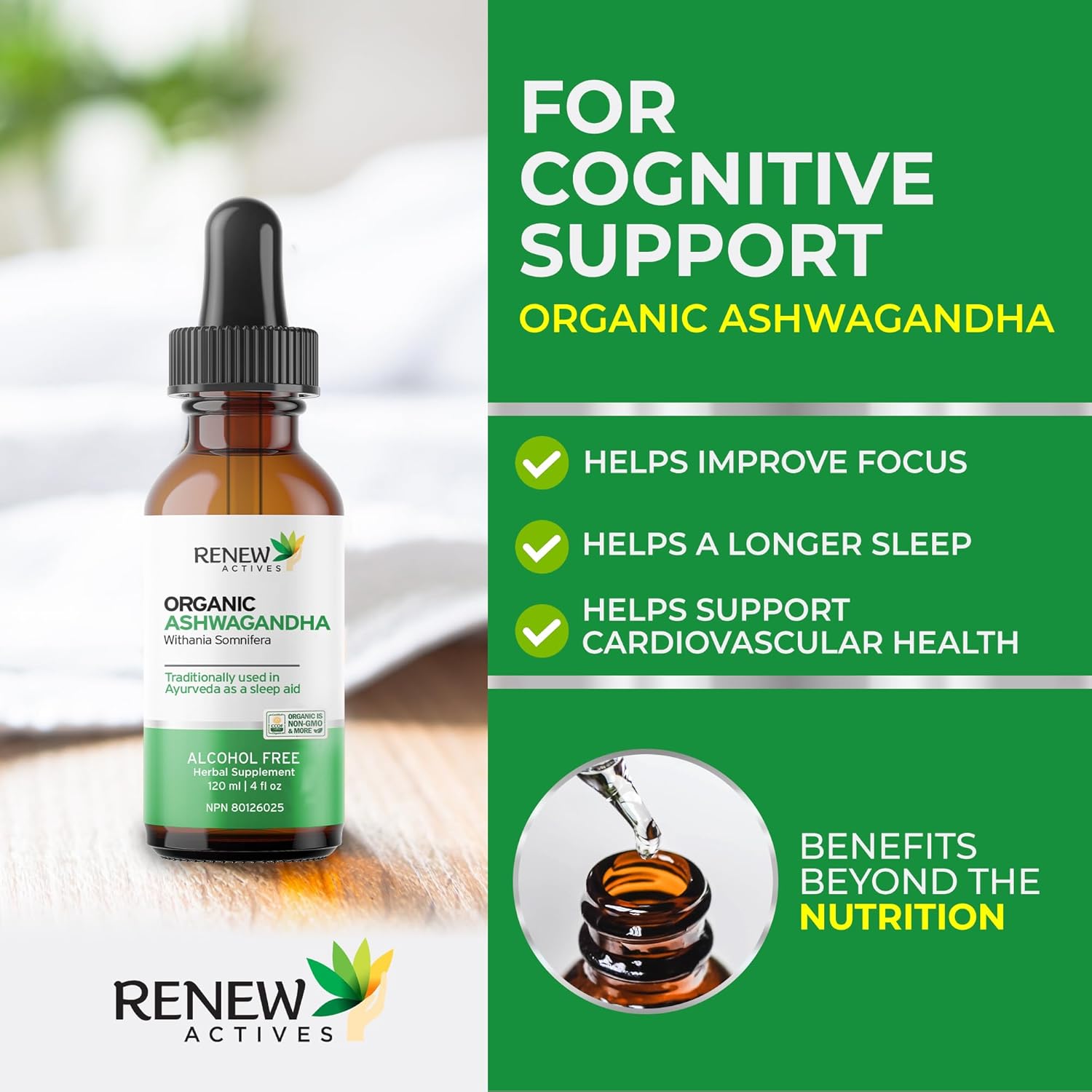 Renew Actives Ashwagandha Liquid - Cleansing Rejuvenative Tonic and Sleep Aid Supplement - 120 ml
