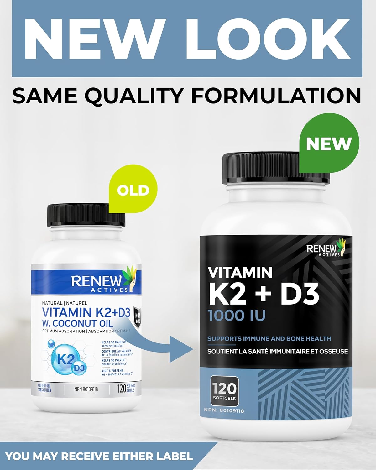 Renew Actives D3 K2 Supplement with Coconut Oil - 120 Soft Gels