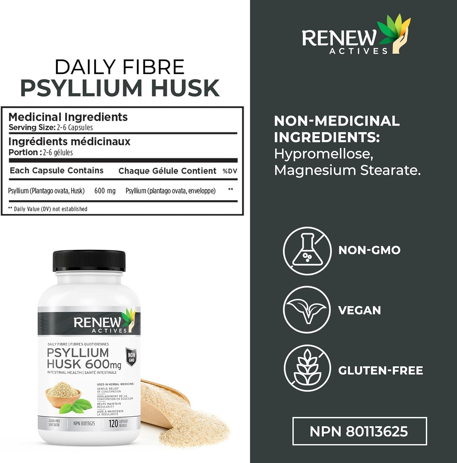 Renew Actives Psyllium Husk Capsules, 600 mg, 120 Capsules, Soluble Fiber Supplement