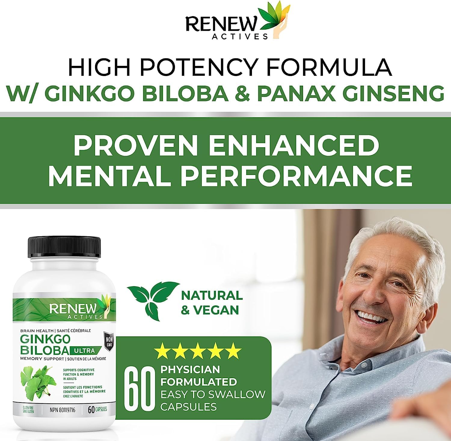 Renew Actives Ginkgo Biloba Brain Supplement w Red Panax Ginseng Extract - Brain Energy Supplements