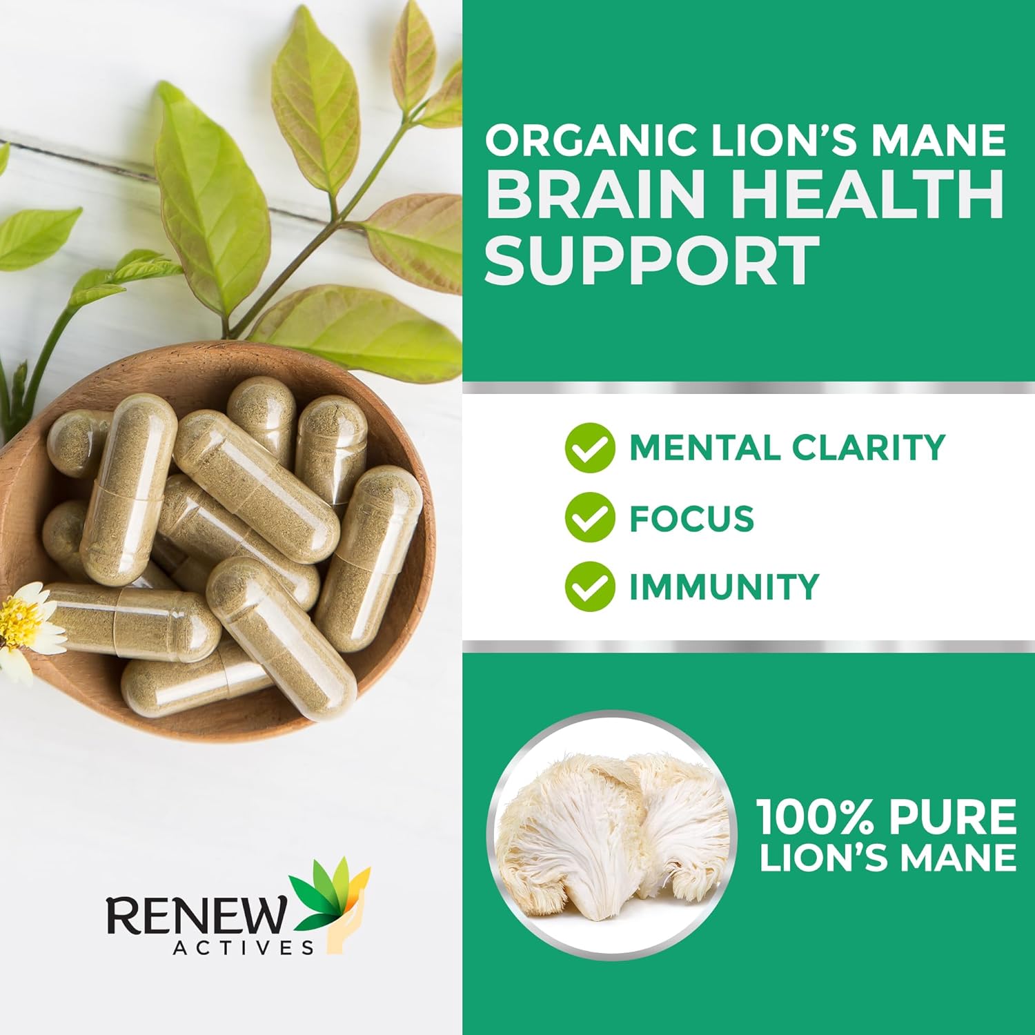 Renew Actives 1100mg Organic Lions Mane Mushroom Supplement (120 Capsules)