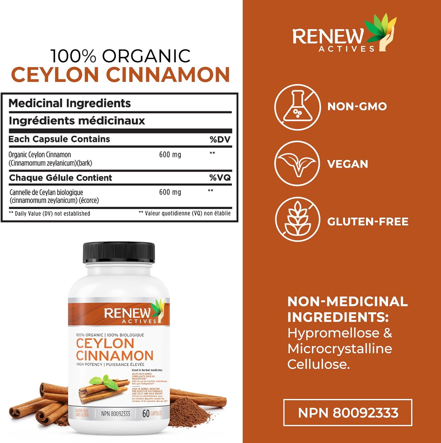 Renew Actives Organic Ceylon Cinnamon Supplement Capsules: Vegan Cinnamon Pills
