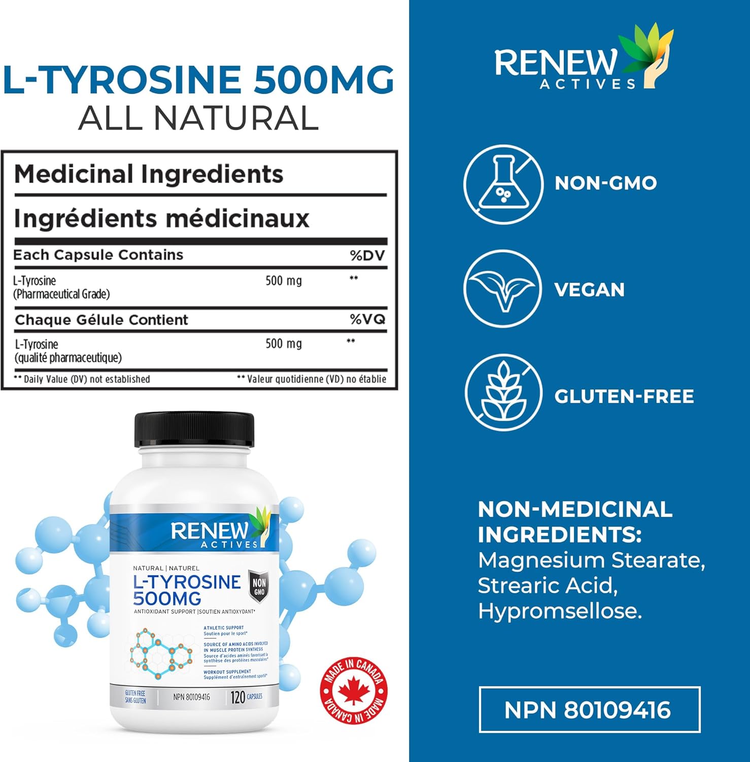 Renew Actives L-Tyrosine 500mg Capsules: 120 Vegan Easy to Swallow