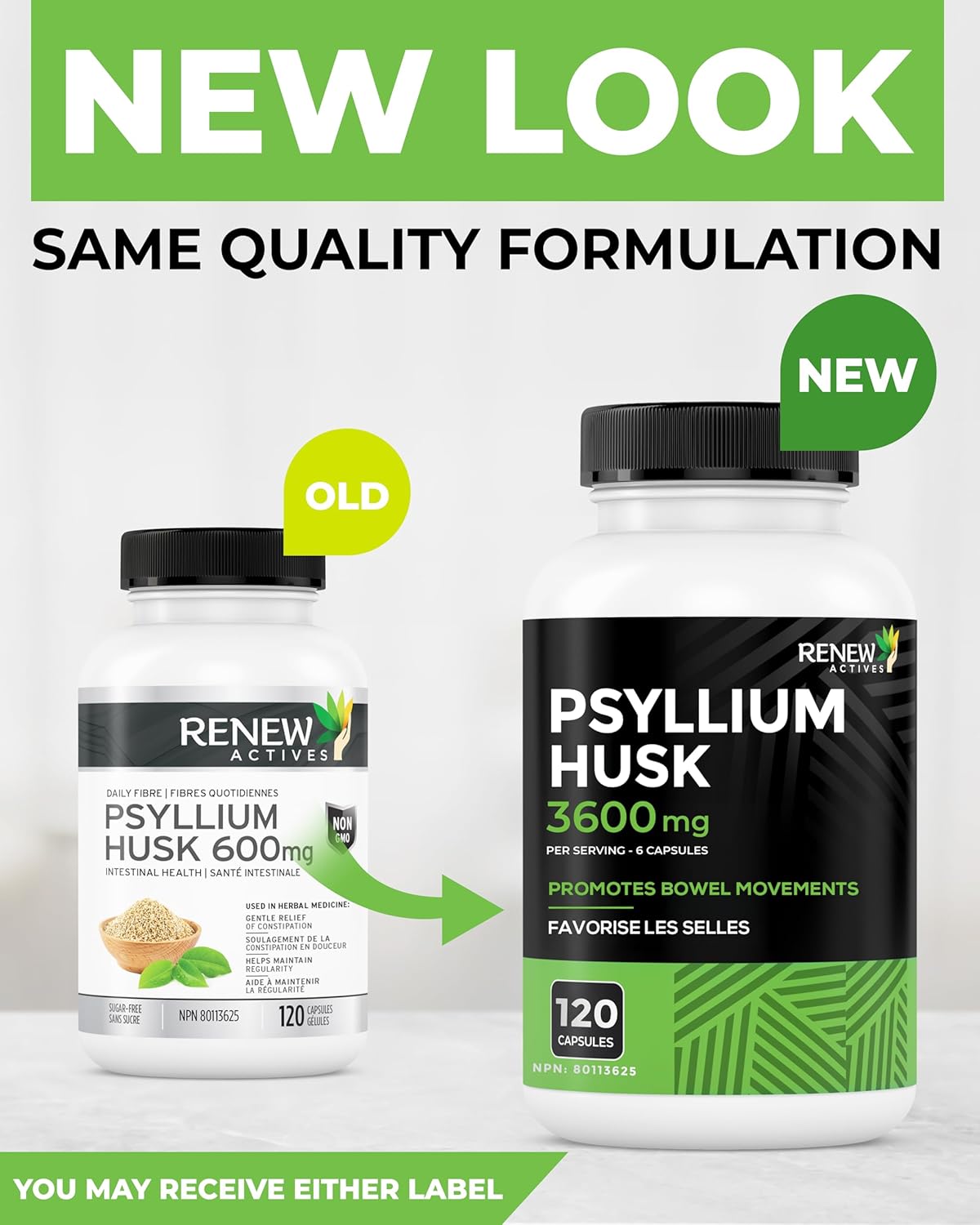 Renew Actives Psyllium Husk Capsules, 600 mg, 120 Capsules, Soluble Fiber Supplement