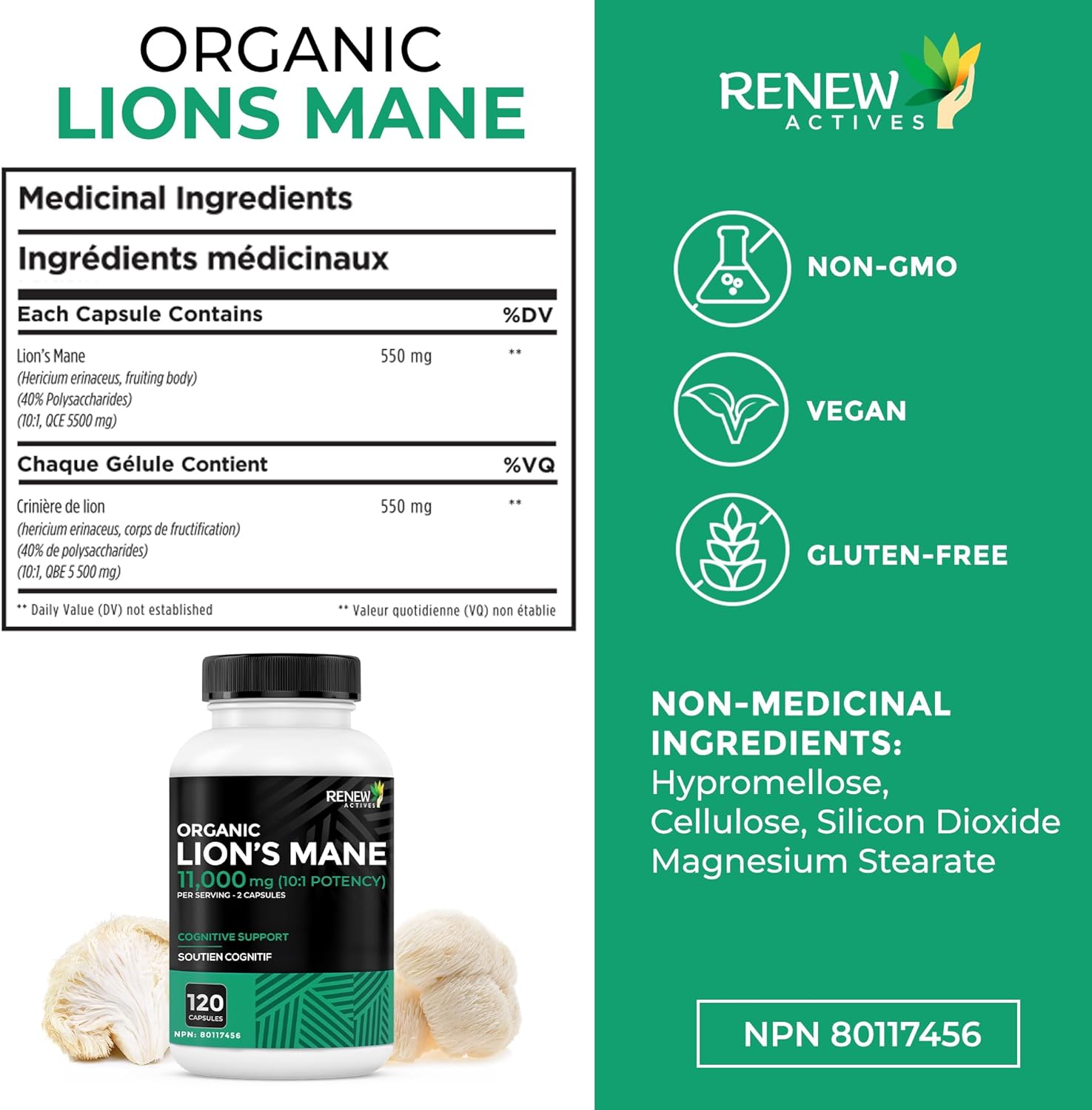 Renew Actives 1100mg Organic Lions Mane Mushroom Supplement (120 Capsules)