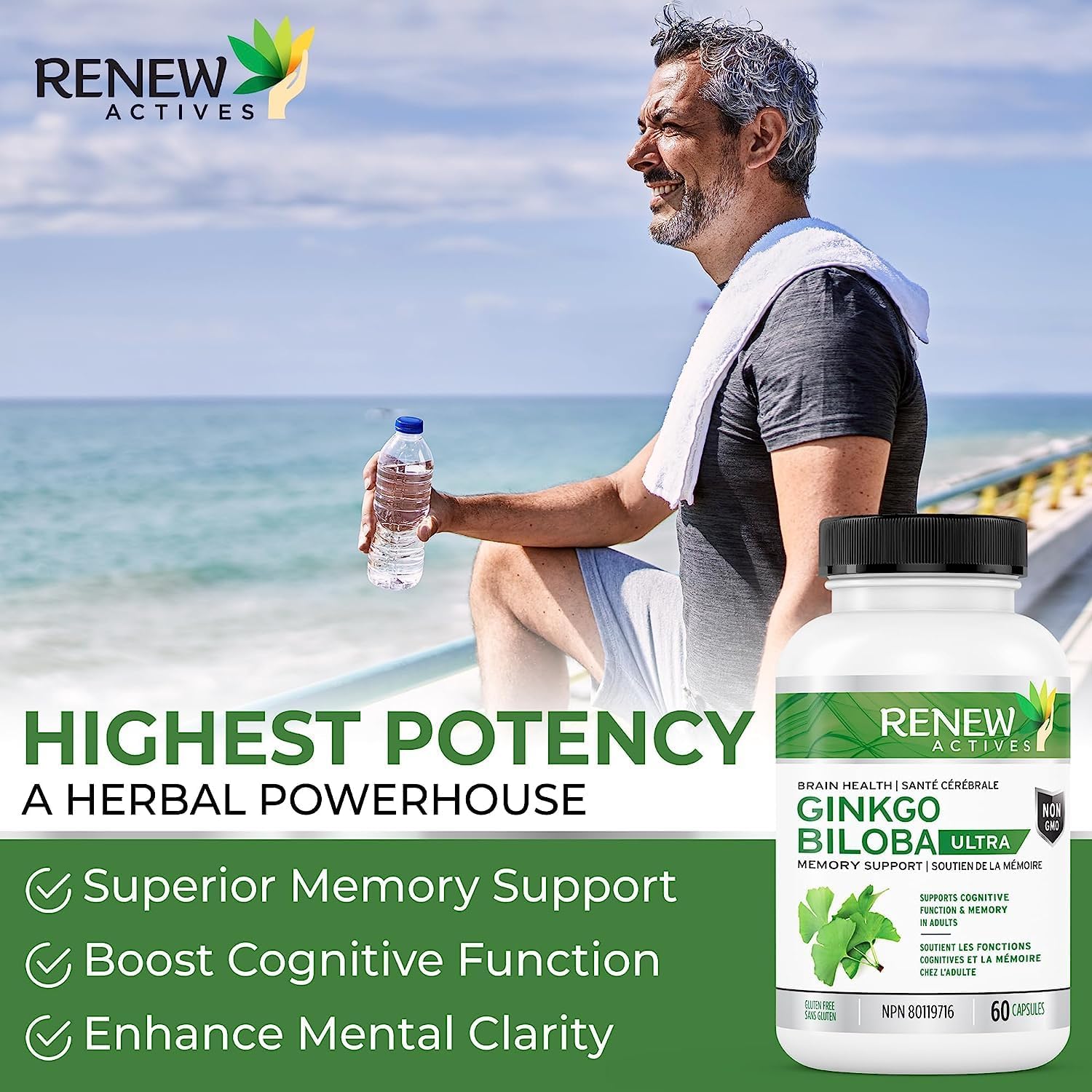 Renew Actives Ginkgo Biloba Brain Supplement w Red Panax Ginseng Extract - Brain Energy Supplements