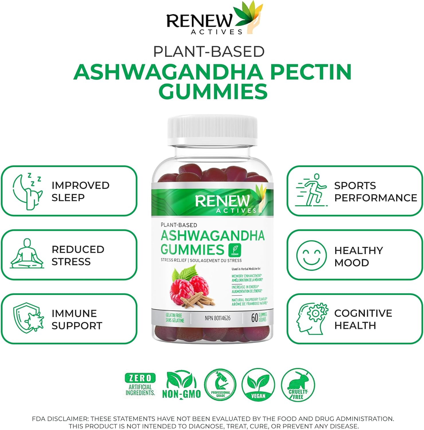 Renew Actives Ashwagandha Gummies, 1500mg Ashwagandha, Great Taste Mixed Berry Flavor