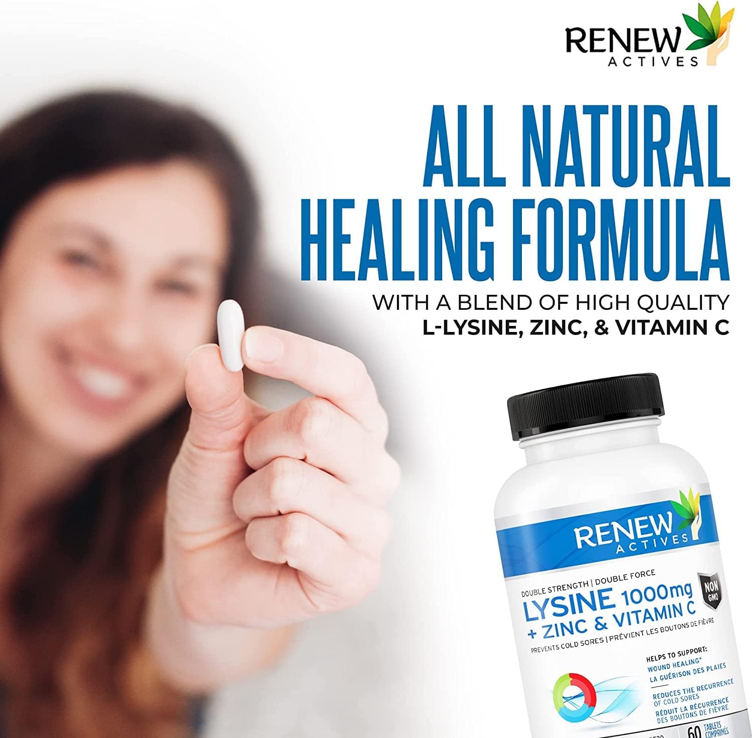 Renew Actives MAXIMUM STRENGTH L-Lysine 1000mg Capsules w. Zinc & Vitamin C (RARE)