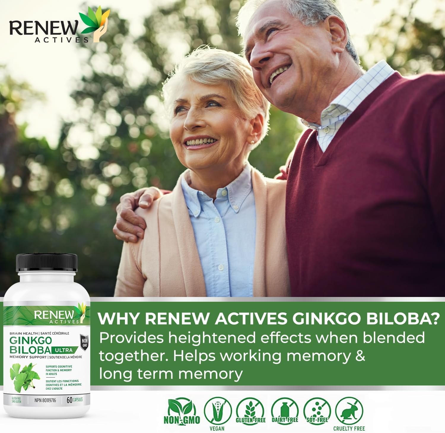 Renew Actives Ginkgo Biloba Brain Supplement w Red Panax Ginseng Extract - Brain Energy Supplements