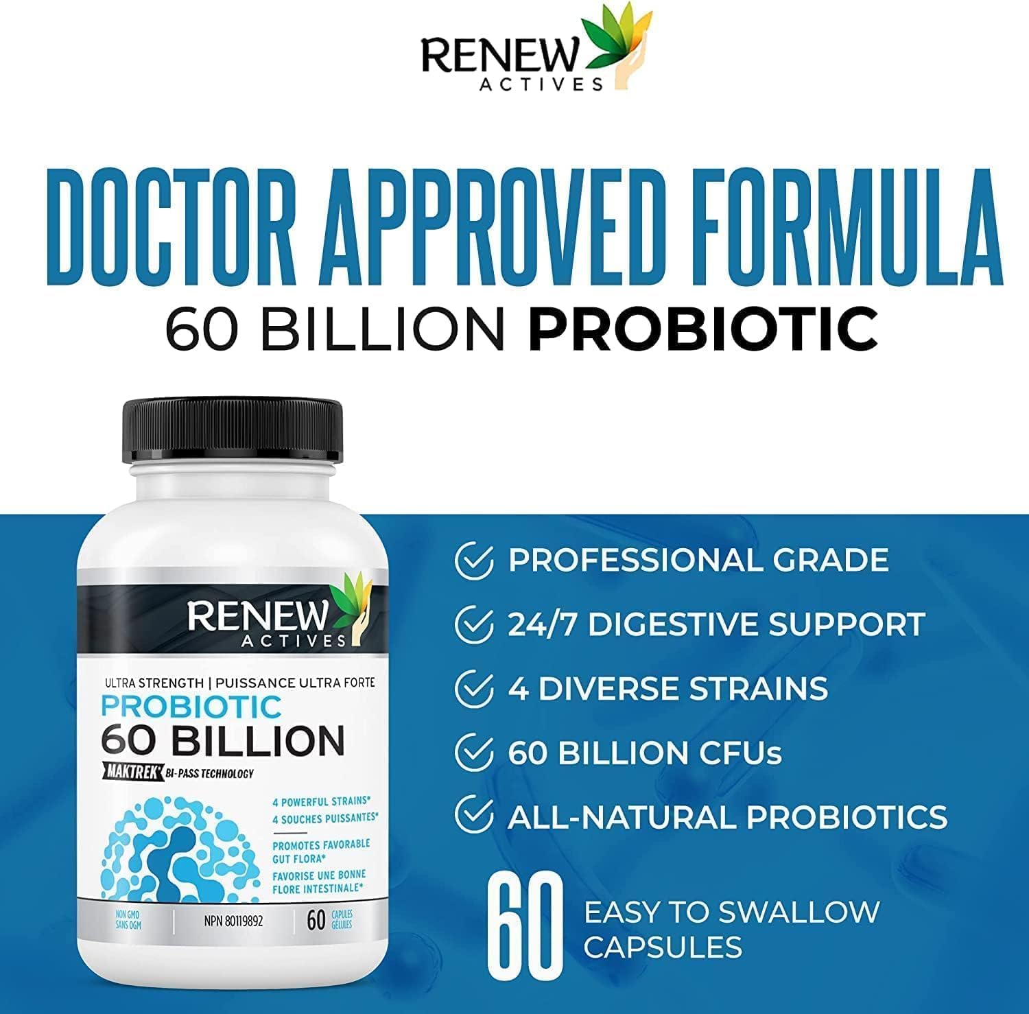Renew Actives Probiotics 60 Billion CFU with MAKTREK Bi-Pass Technology - 60 Capsules