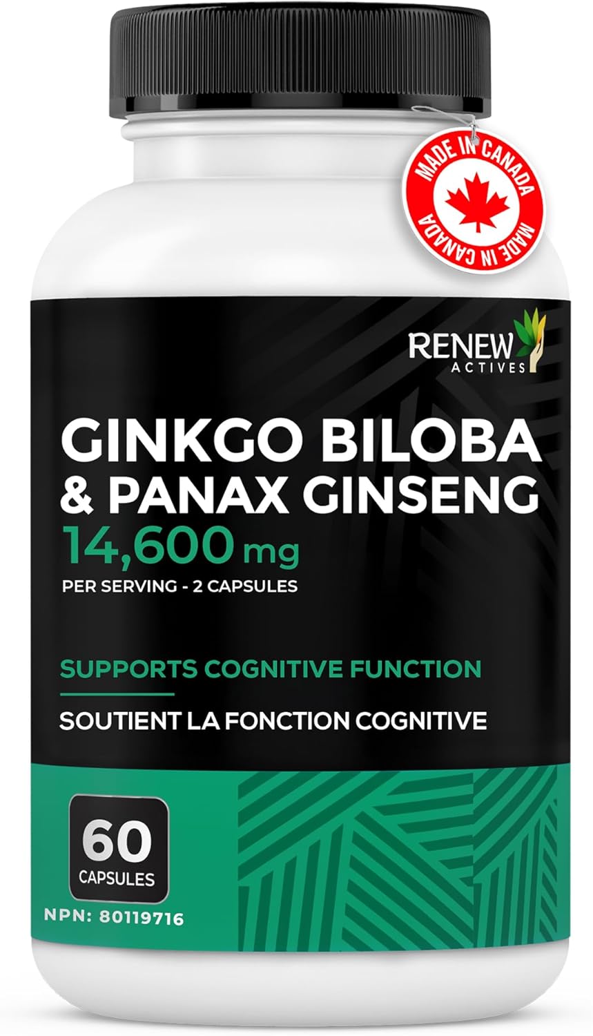 Renew Actives Ginkgo Biloba Brain Supplement w Red Panax Ginseng Extract - Brain Energy Supplements