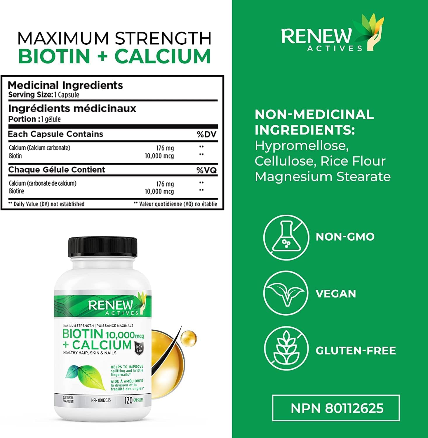 Renew Actives New Biotin & Calcium 10000mcg Supplement - for Healthy Hair Skin & Nails
