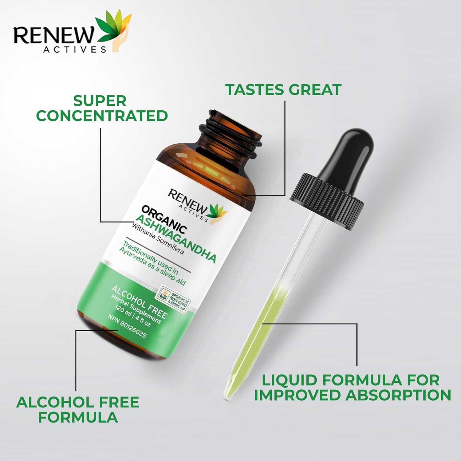 Renew Actives Ashwagandha Liquid - Cleansing Rejuvenative Tonic and Sleep Aid Supplement - 120 ml