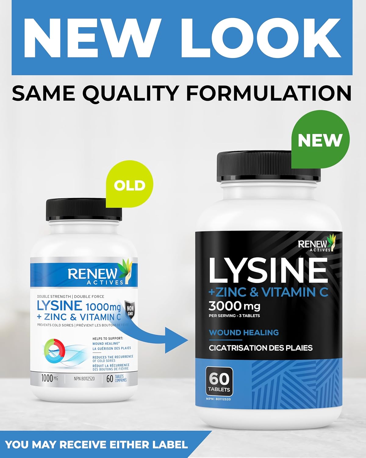 Renew Actives MAXIMUM STRENGTH L-Lysine 1000mg Capsules w. Zinc & Vitamin C (RARE)