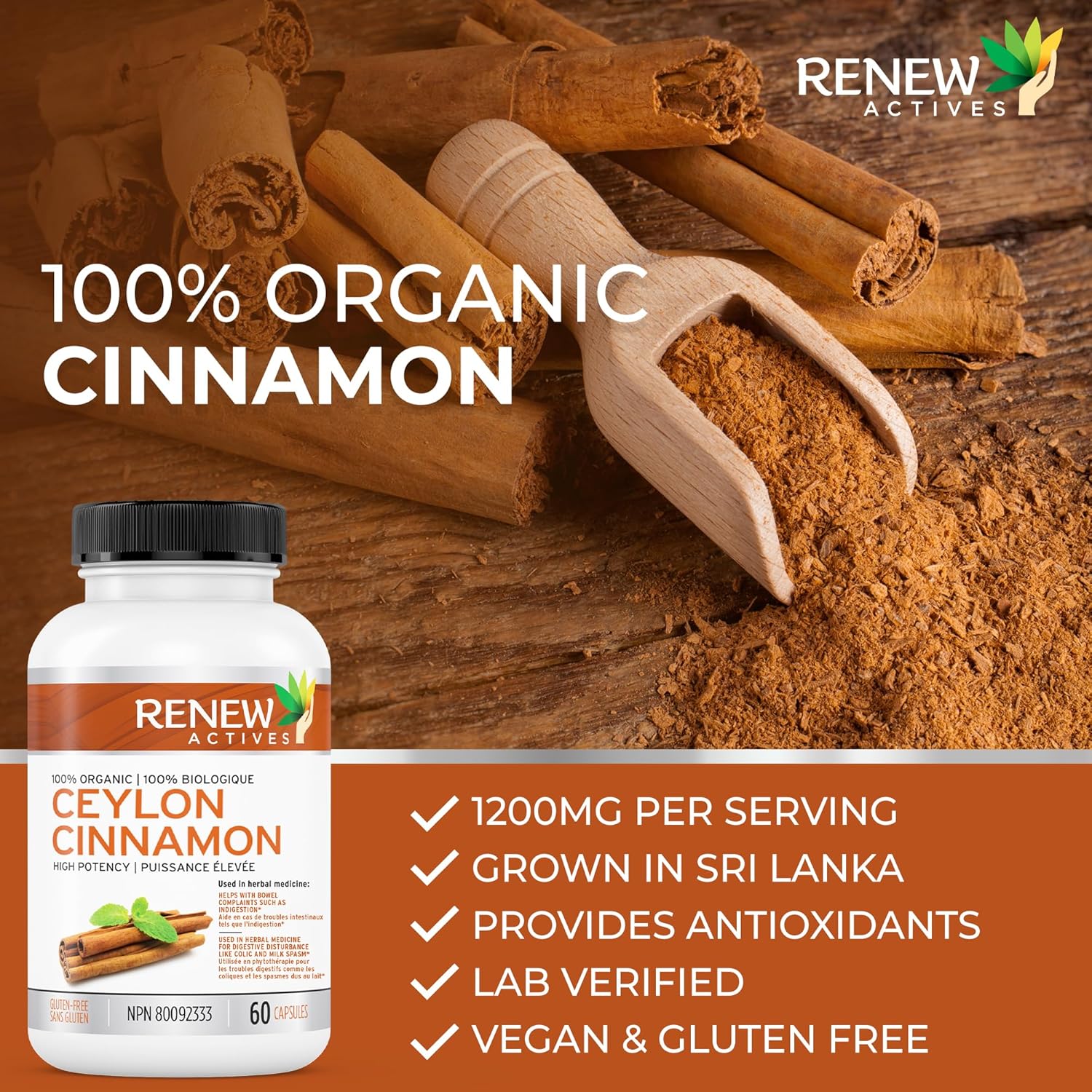 Renew Actives Organic Ceylon Cinnamon Supplement Capsules: Vegan Cinnamon Pills