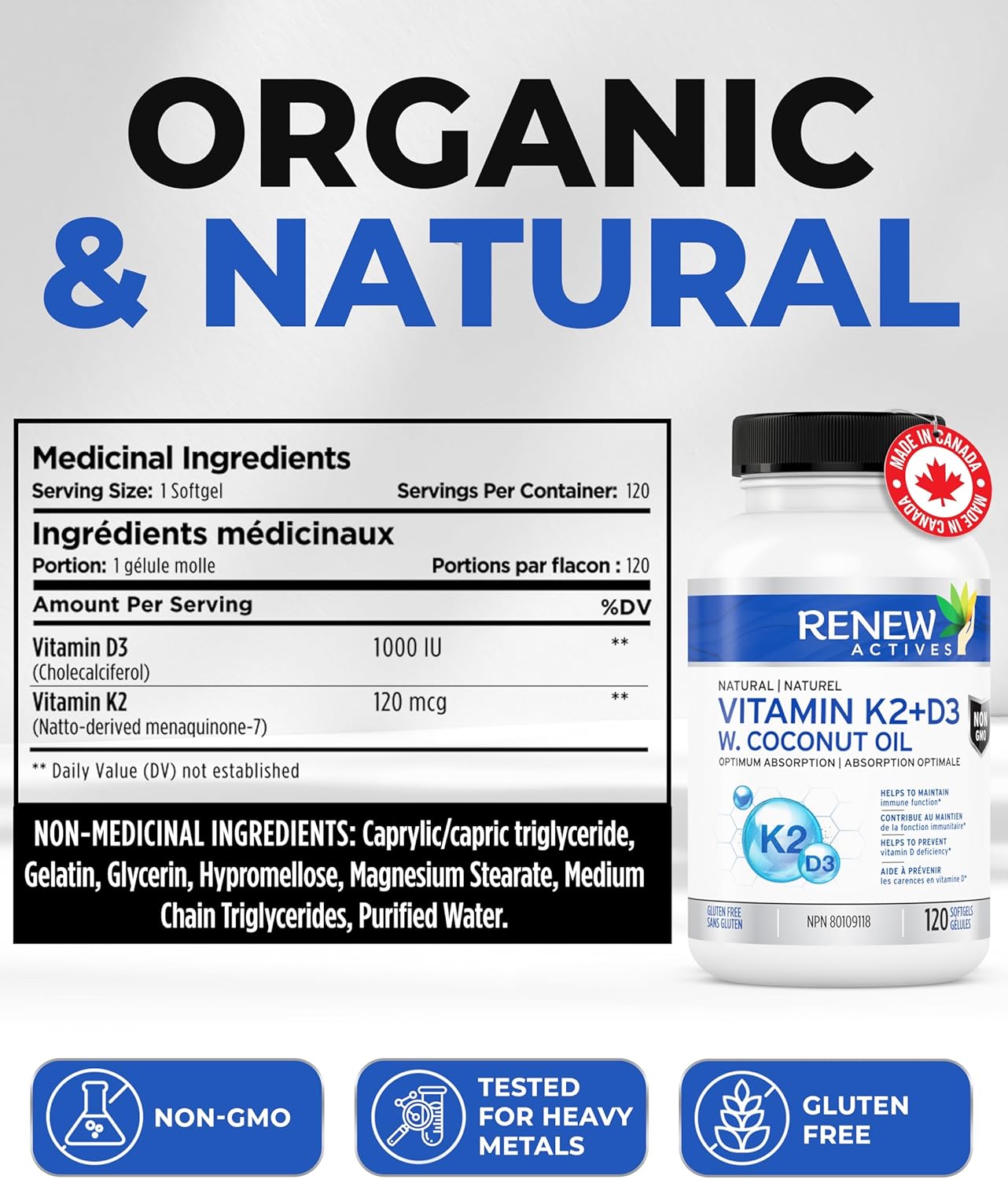 Renew Actives D3 K2 Supplement with Coconut Oil - 120 Soft Gels