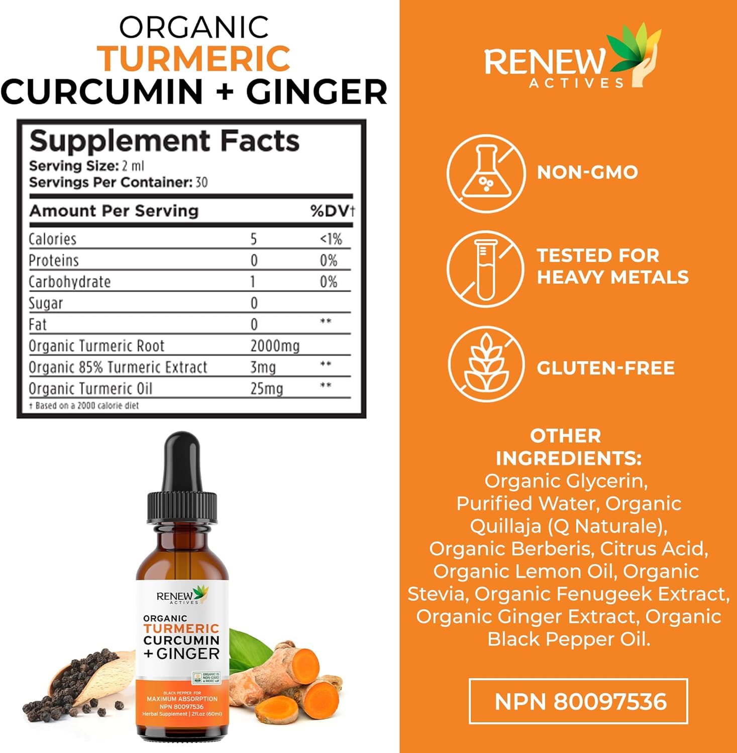 Renew Actives Organic Turmeric Curcumin Liquid Extract with Ginger & Lemon Oil