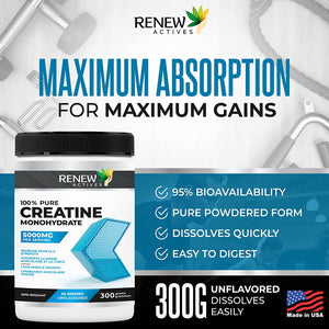 Renew Actives Creatine Monohydrate Powder, Ultimate Post or Pre Workout Powder for Muscle Growth, Mass Gainer, and Increased Strength