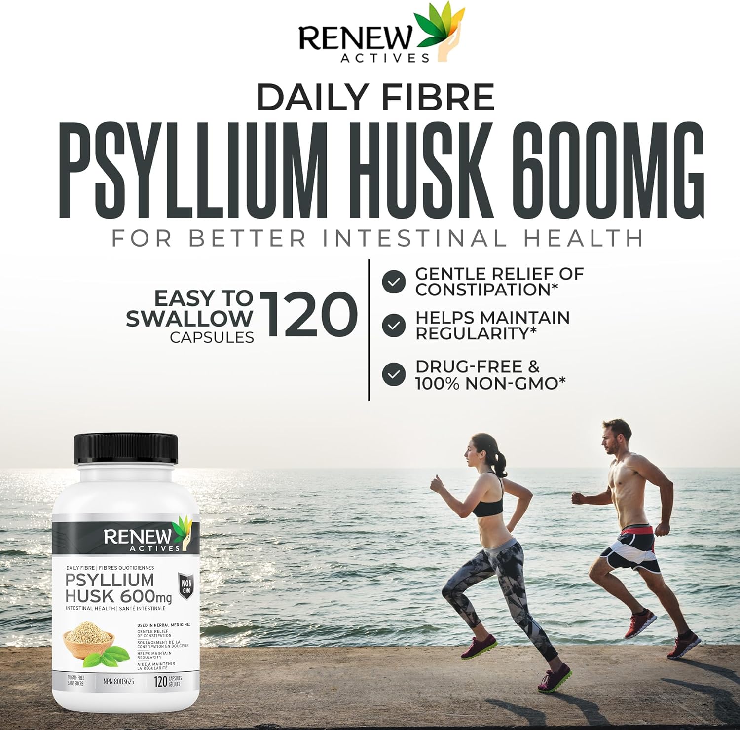 Renew Actives Psyllium Husk Capsules, 600 mg, 120 Capsules, Soluble Fiber Supplement