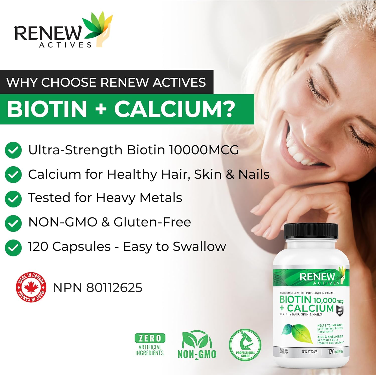 Renew Actives New Biotin & Calcium 10000mcg Supplement - for Healthy Hair Skin & Nails