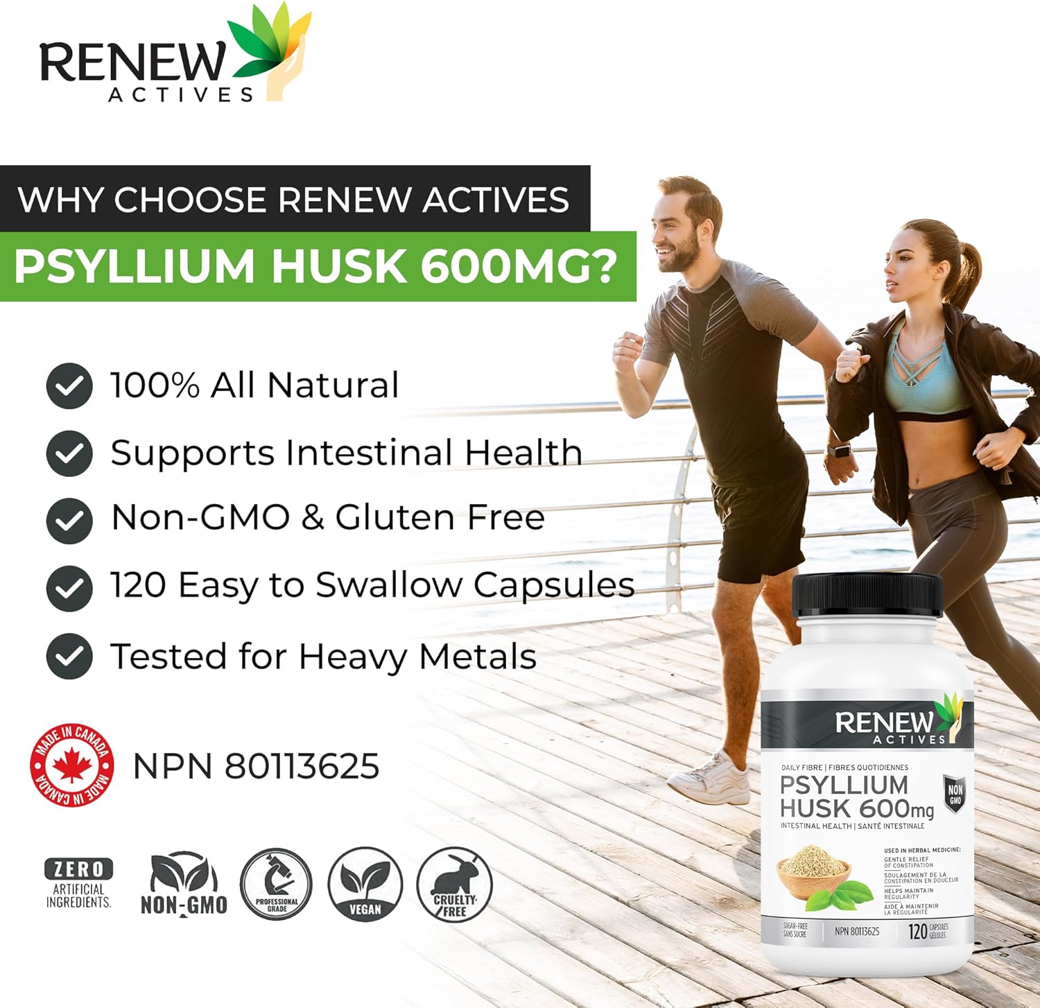 Renew Actives Psyllium Husk Capsules, 600 mg, 120 Capsules, Soluble Fiber Supplement