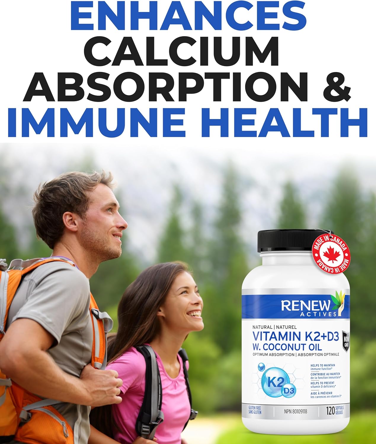 Renew Actives D3 K2 Supplement with Coconut Oil - 120 Soft Gels