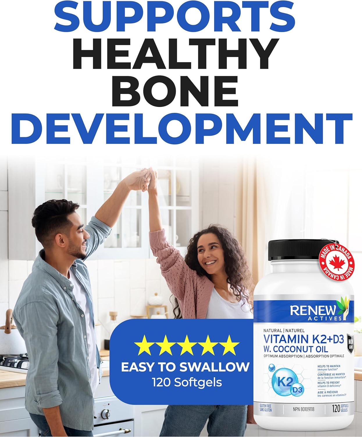 Renew Actives D3 K2 Supplement with Coconut Oil - 120 Soft Gels