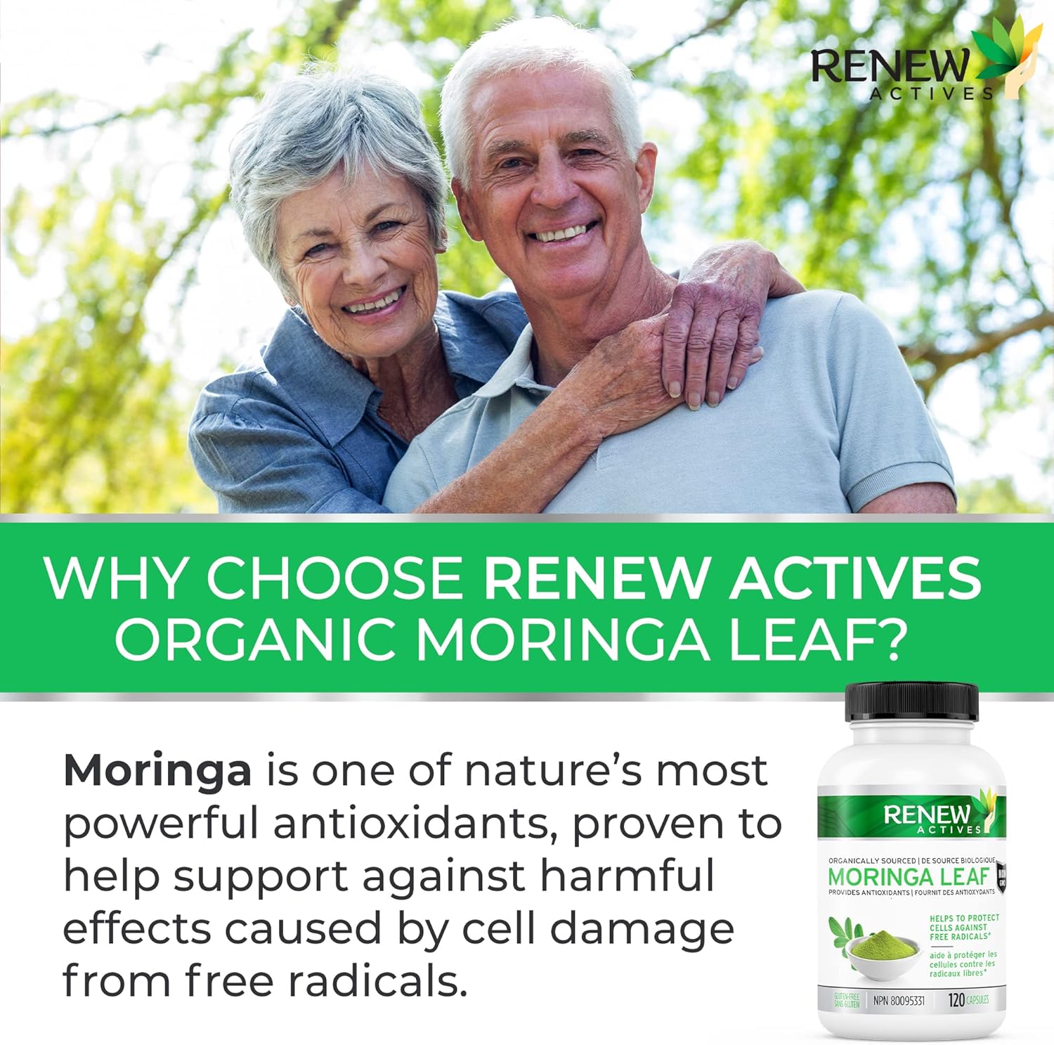 Renew Actives Organic Moringa Leaf Supplement: 120 High Potency Moringa Oleifera Capsules
