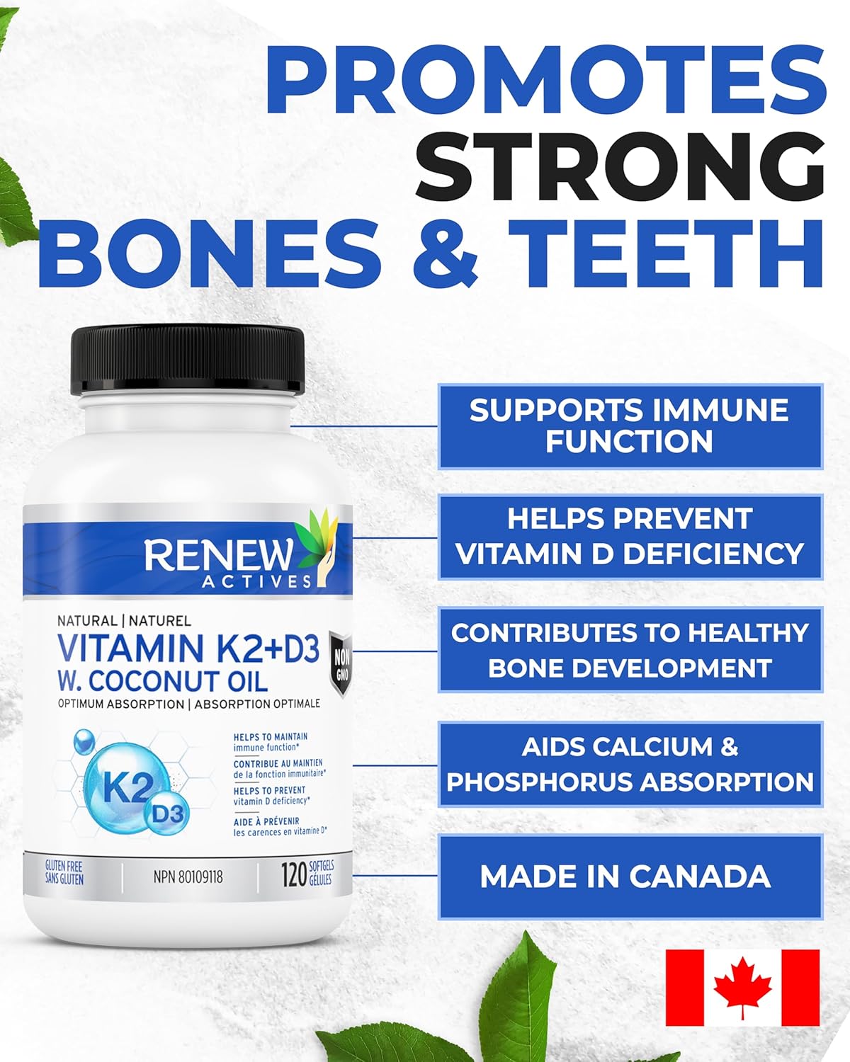 Renew Actives D3 K2 Supplement with Coconut Oil - 120 Soft Gels