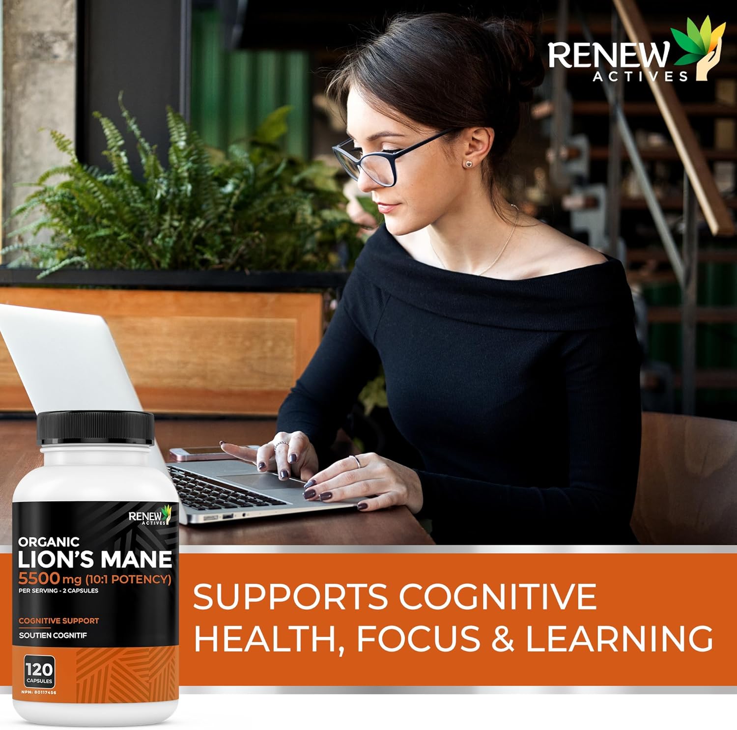 Renew Actives 1100mg Organic Lions Mane Mushroom Supplement (120 Capsules)