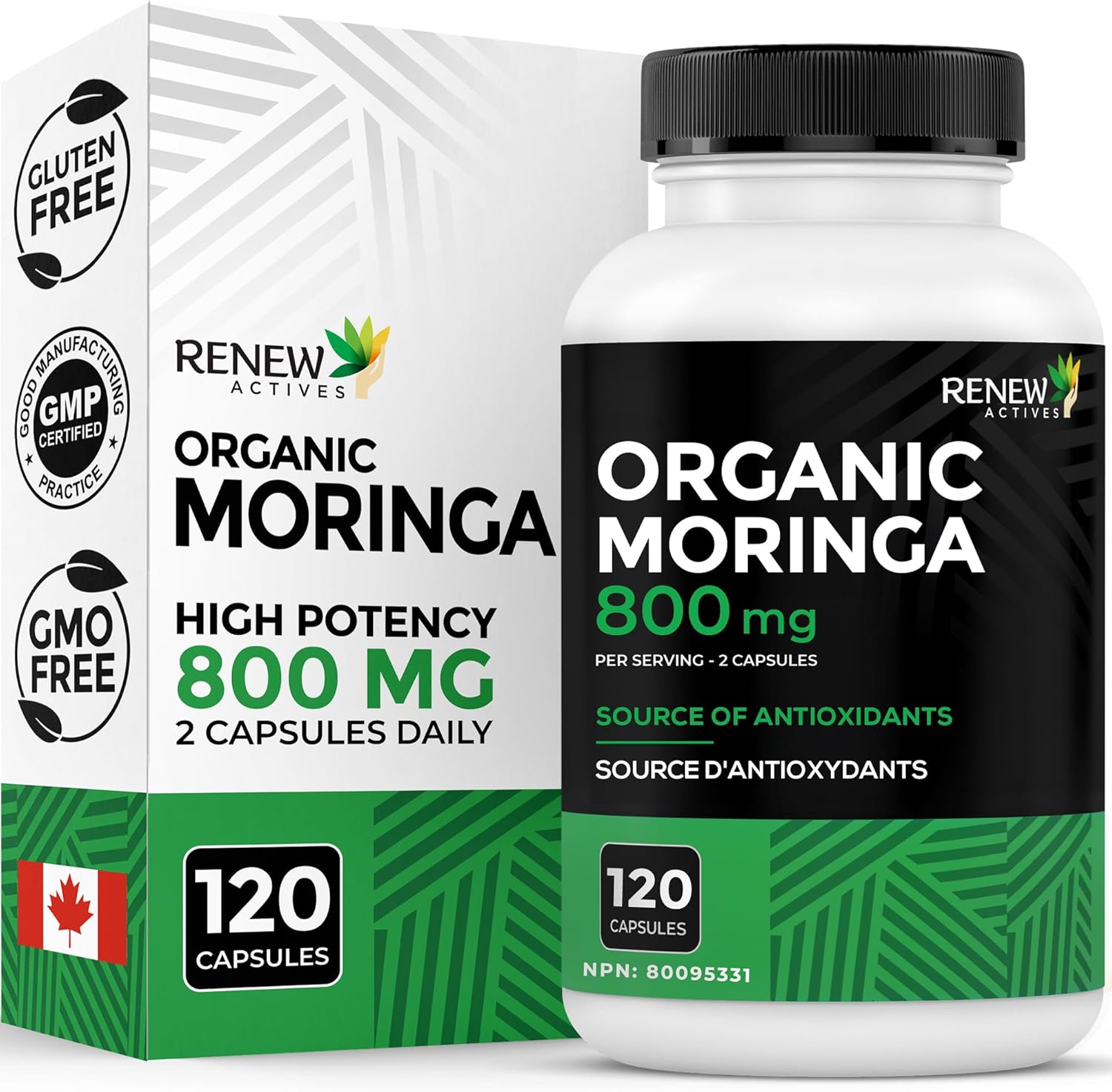 Renew Actives Organic Moringa Leaf Supplement: 120 High Potency Moringa Oleifera Capsules