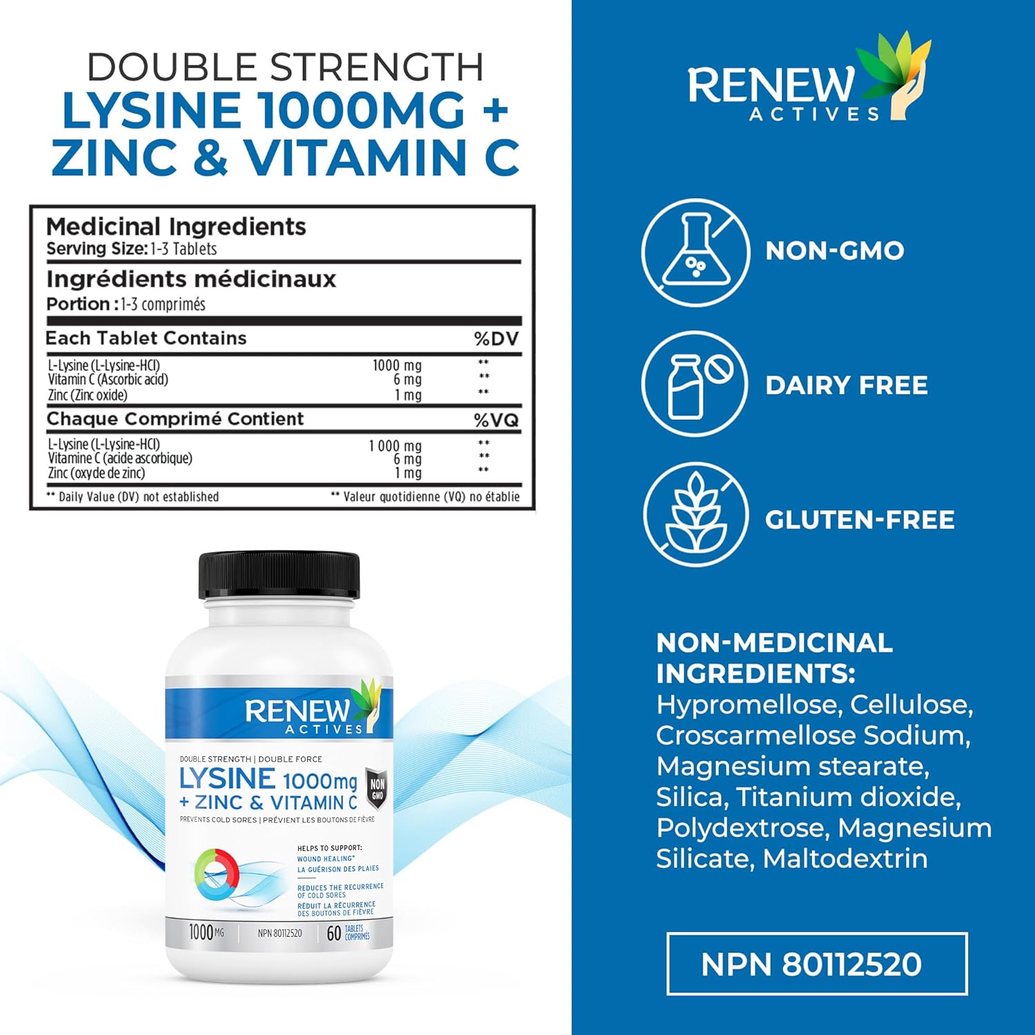 Renew Actives MAXIMUM STRENGTH L-Lysine 1000mg Capsules w. Zinc & Vitamin C (RARE)