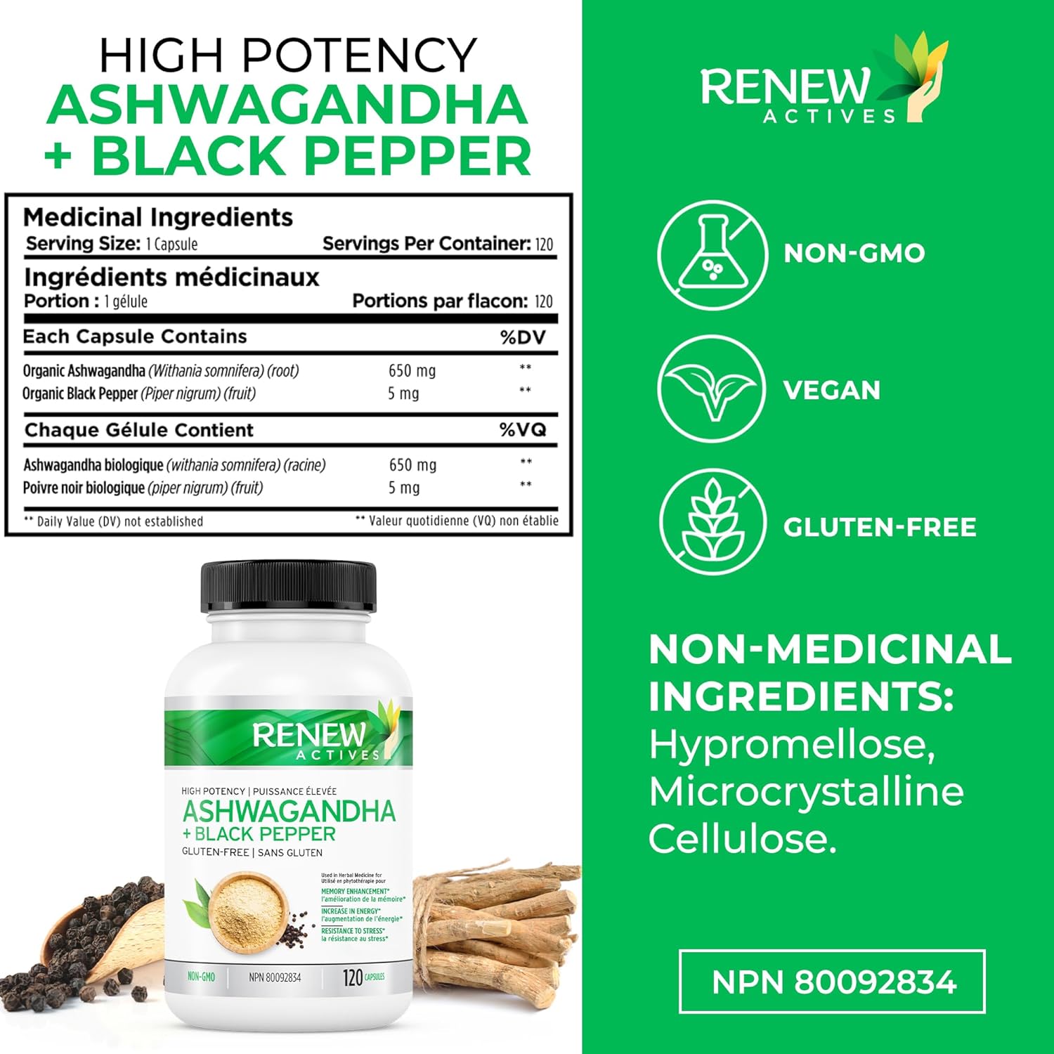 Renew Actives ORGANIC ASHWAGANDHA Capsules 1300 Mg
