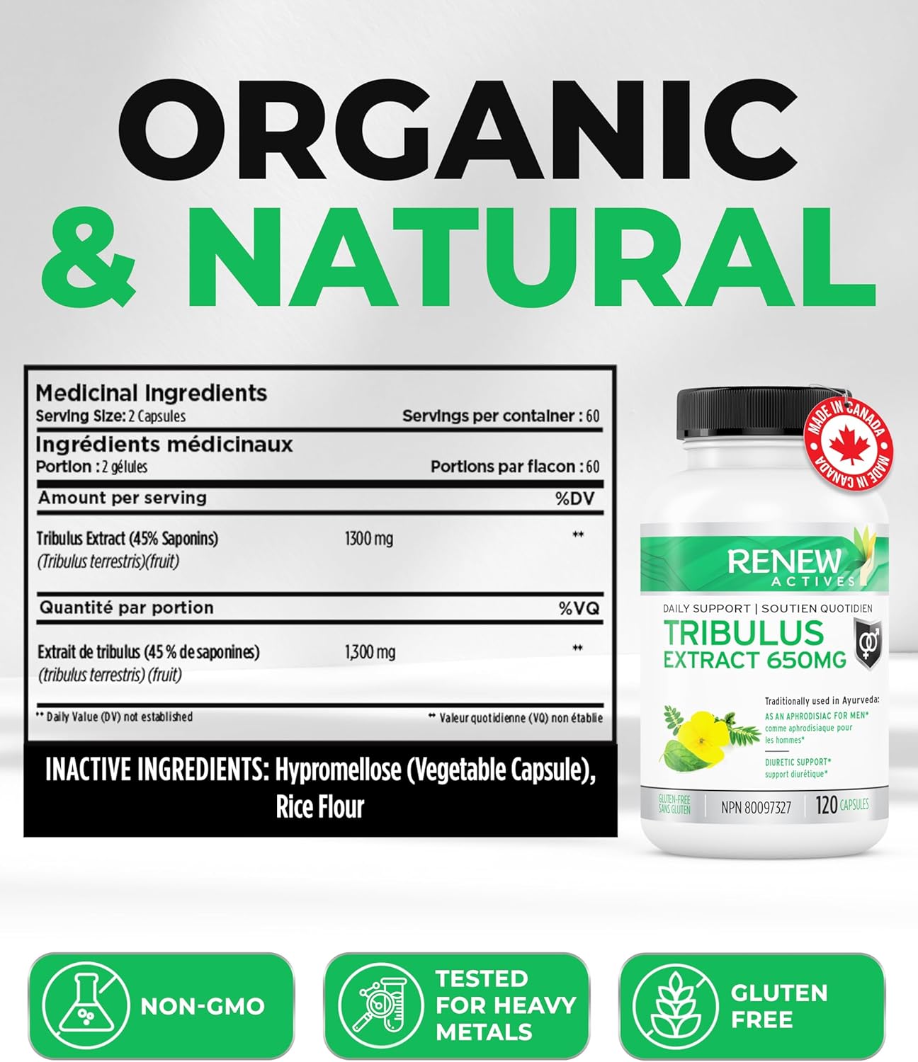 Renew Actives Tribulus Terrestris Extract: 1300mg Tribulus Powder Supplement with 45% Saponins