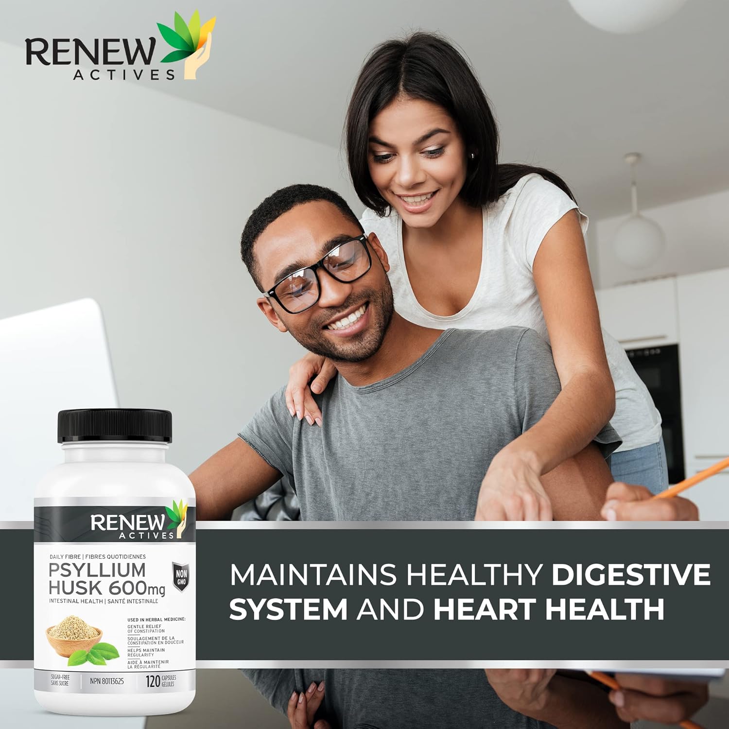 Renew Actives Psyllium Husk Capsules, 600 mg, 120 Capsules, Soluble Fiber Supplement