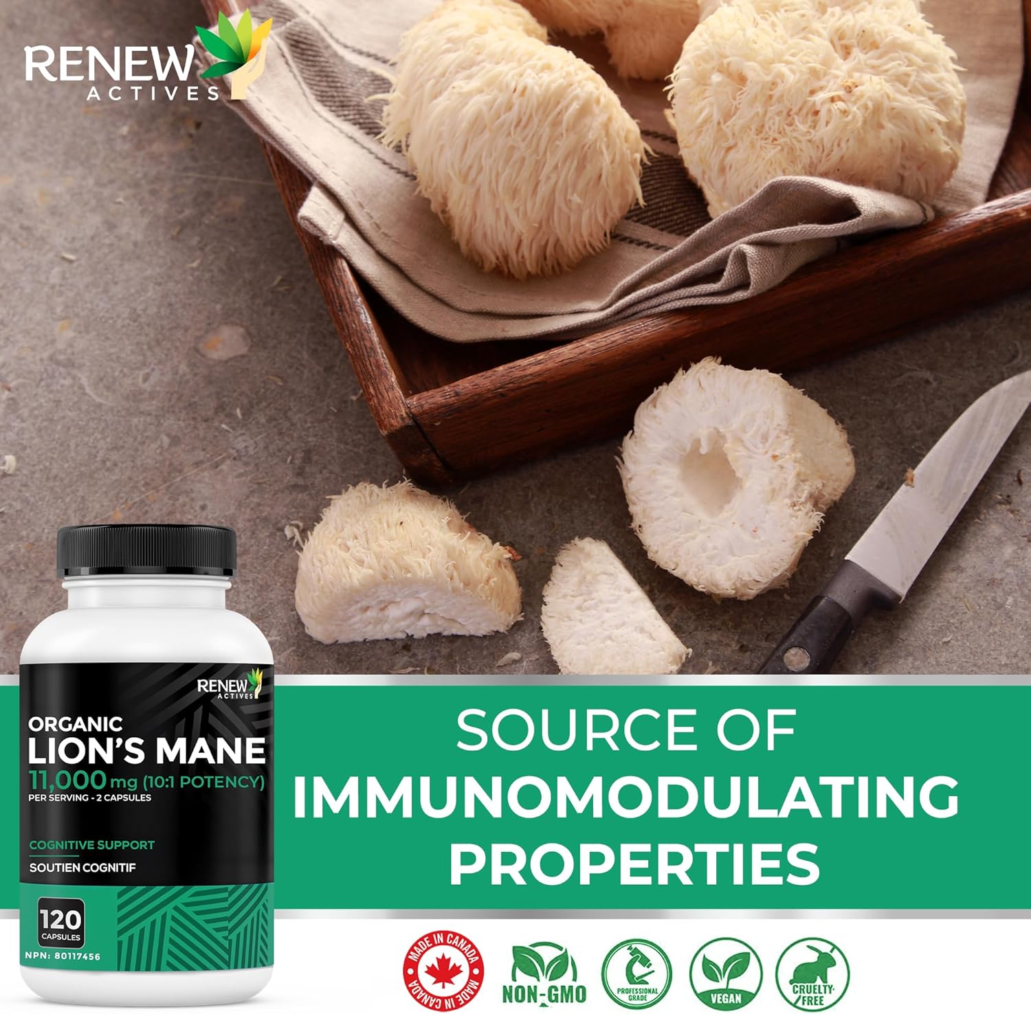 Renew Actives 1100mg Organic Lions Mane Mushroom Supplement (120 Capsules)