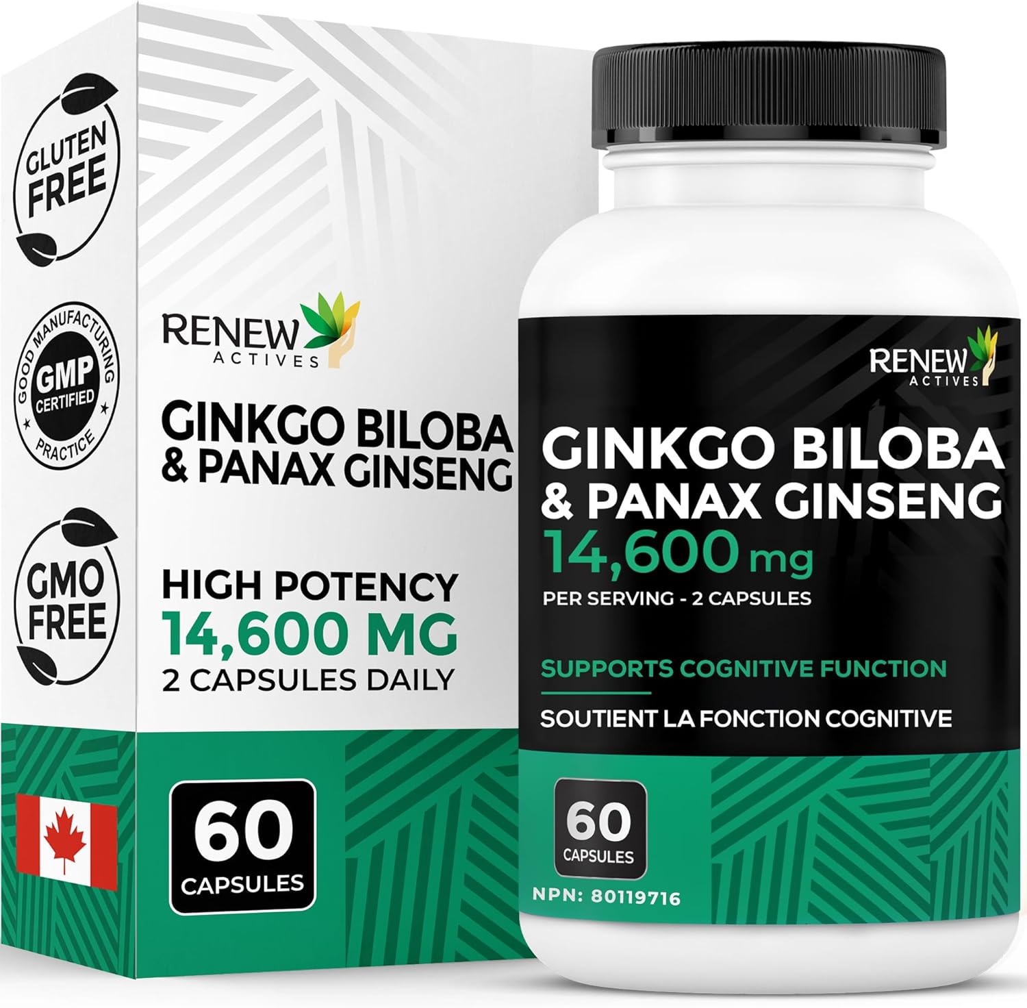 Renew Actives Ginkgo Biloba Brain Supplement w Red Panax Ginseng Extract - Brain Energy Supplements