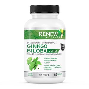 Renew Actives Ginkgo Biloba Brain Supplement w Red Panax Ginseng Extract - Brain Energy Supplements