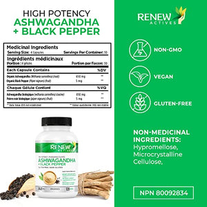 Renew Actives ORGANIC ASHWAGANDHA Capsules: 1300 Mg of Ashwagandha with 10 Mg of Black Pepper (2 Packs)