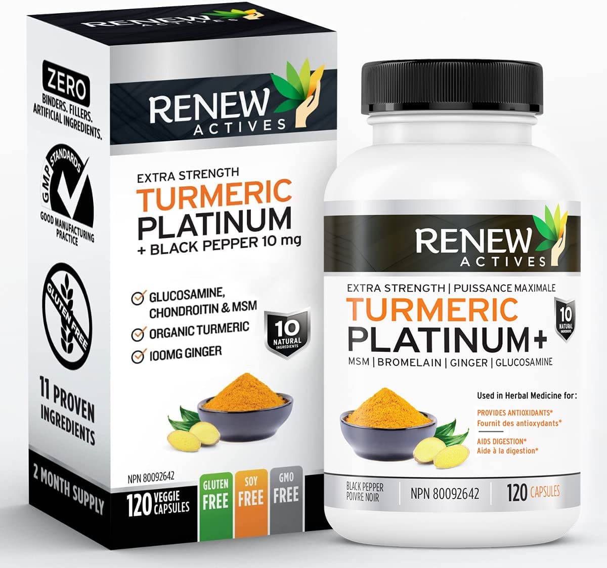 Renew Actives Extra Strength Turmeric Platinum + 11 Ingredients Supplement with 95% Curcuminoids, Ginger and Bioperine Black Pepper