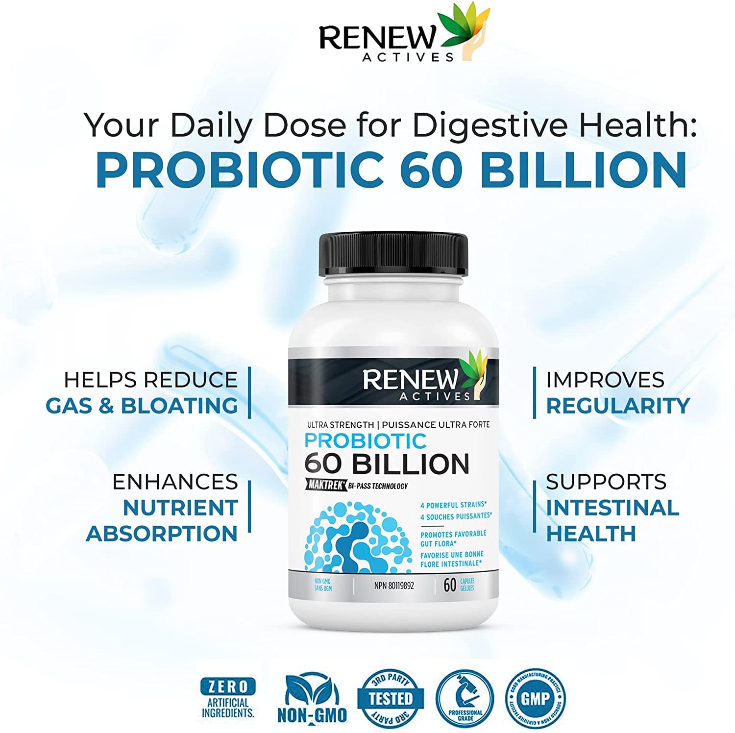 Renew Actives Probiotics 60 Billion CFU with MAKTREK Bi-Pass Technology - 60 Capsules