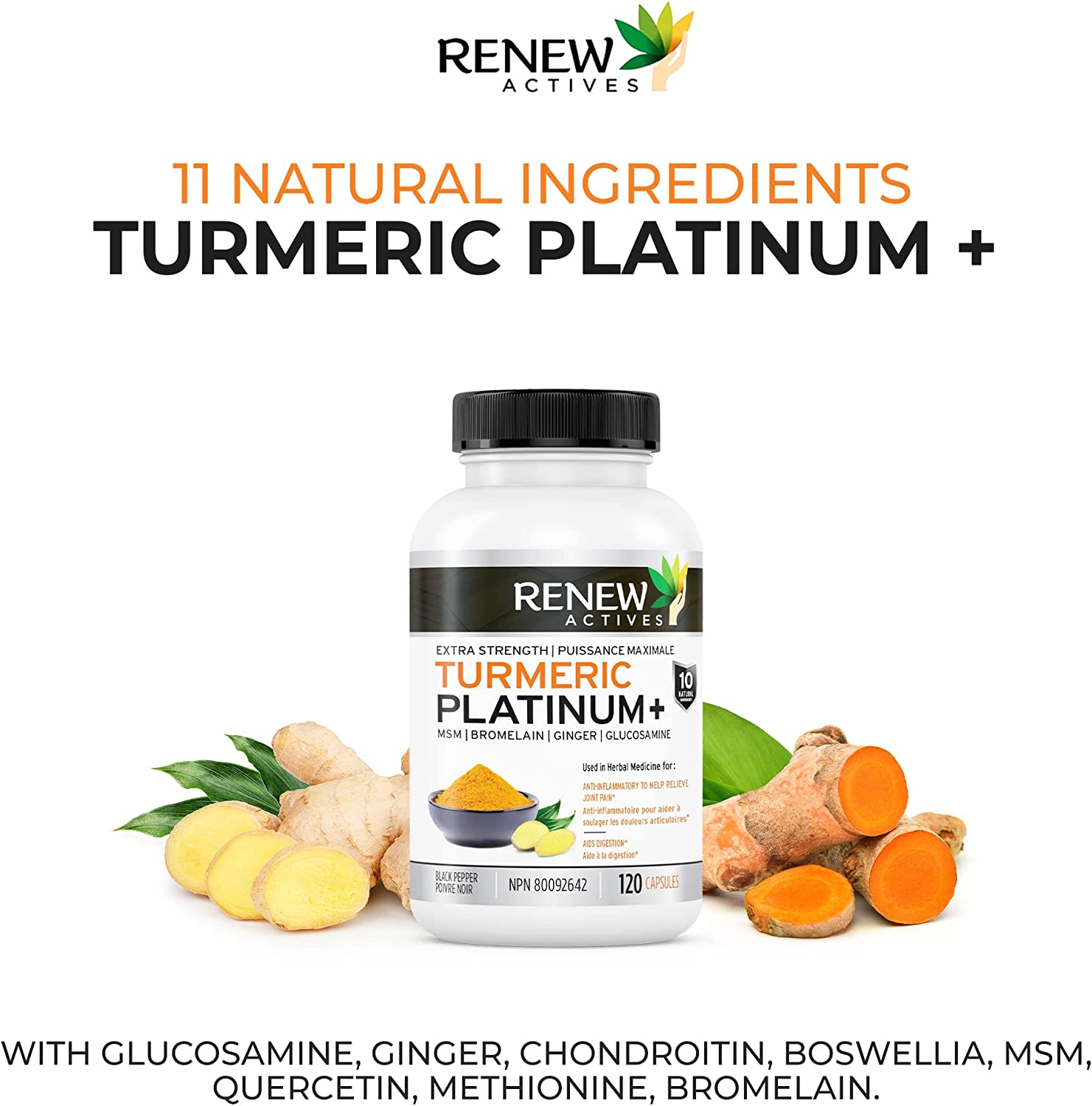 Renew Actives Extra Strength Turmeric Platinum + 11 Ingredients Supplement with 95% Curcuminoids, Ginger and Bioperine Black Pepper