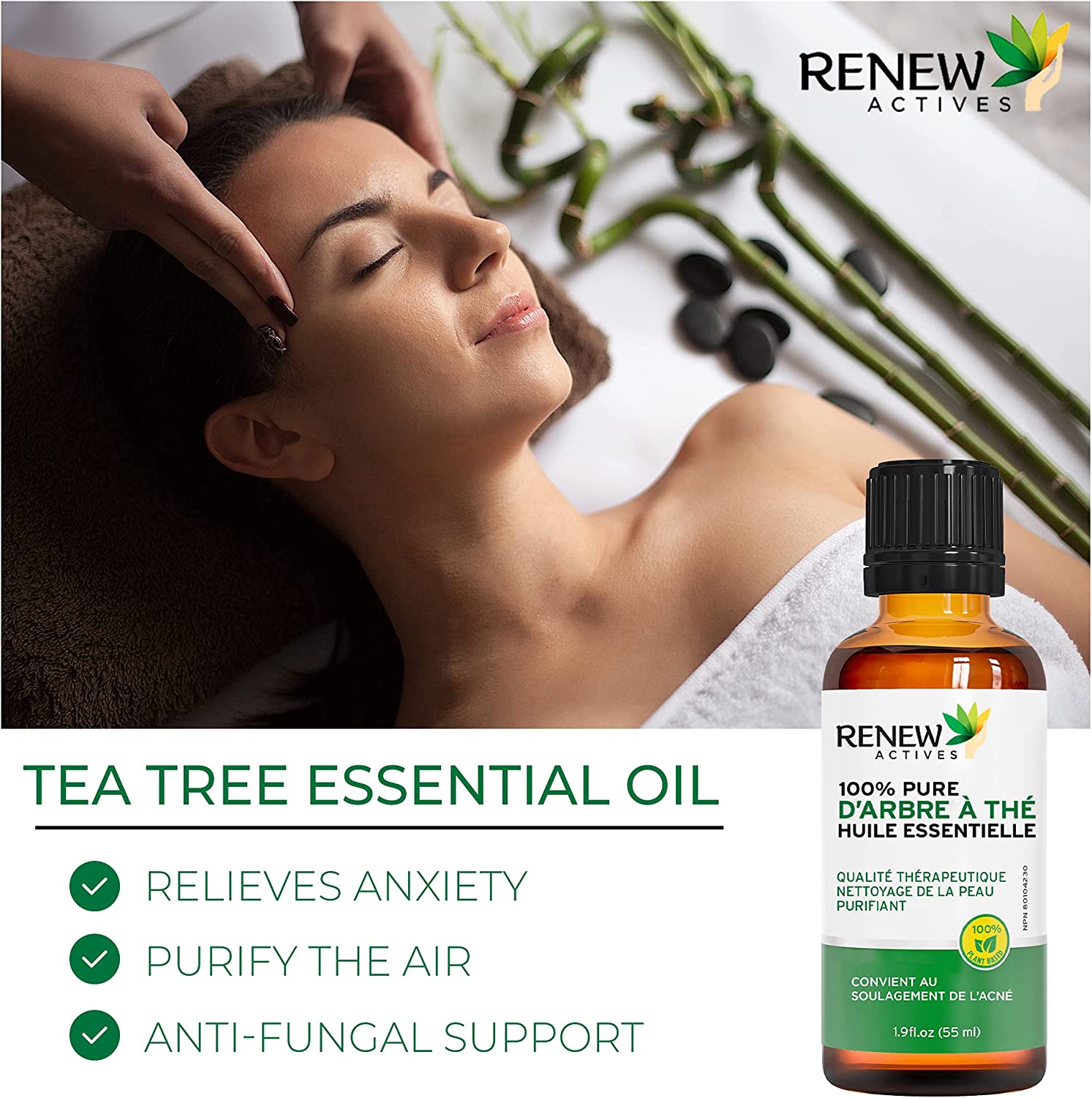 Renew Actives Tea Tree Essential Oil – 55ml Oz - Ideal for Skin Use, Warm Bath, Diffuser, Massage, Inhalations