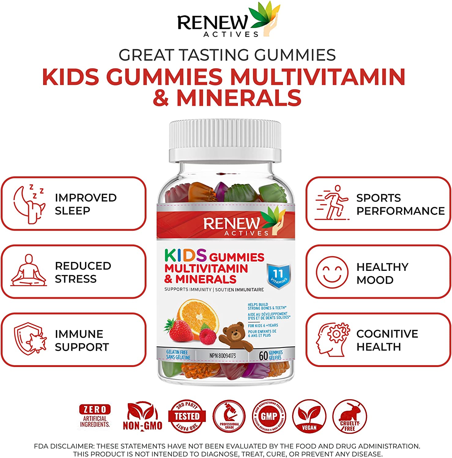 Renew Actives Kids Multivitamin Gummies, (60 Count) Yummy Strawberry / Orange