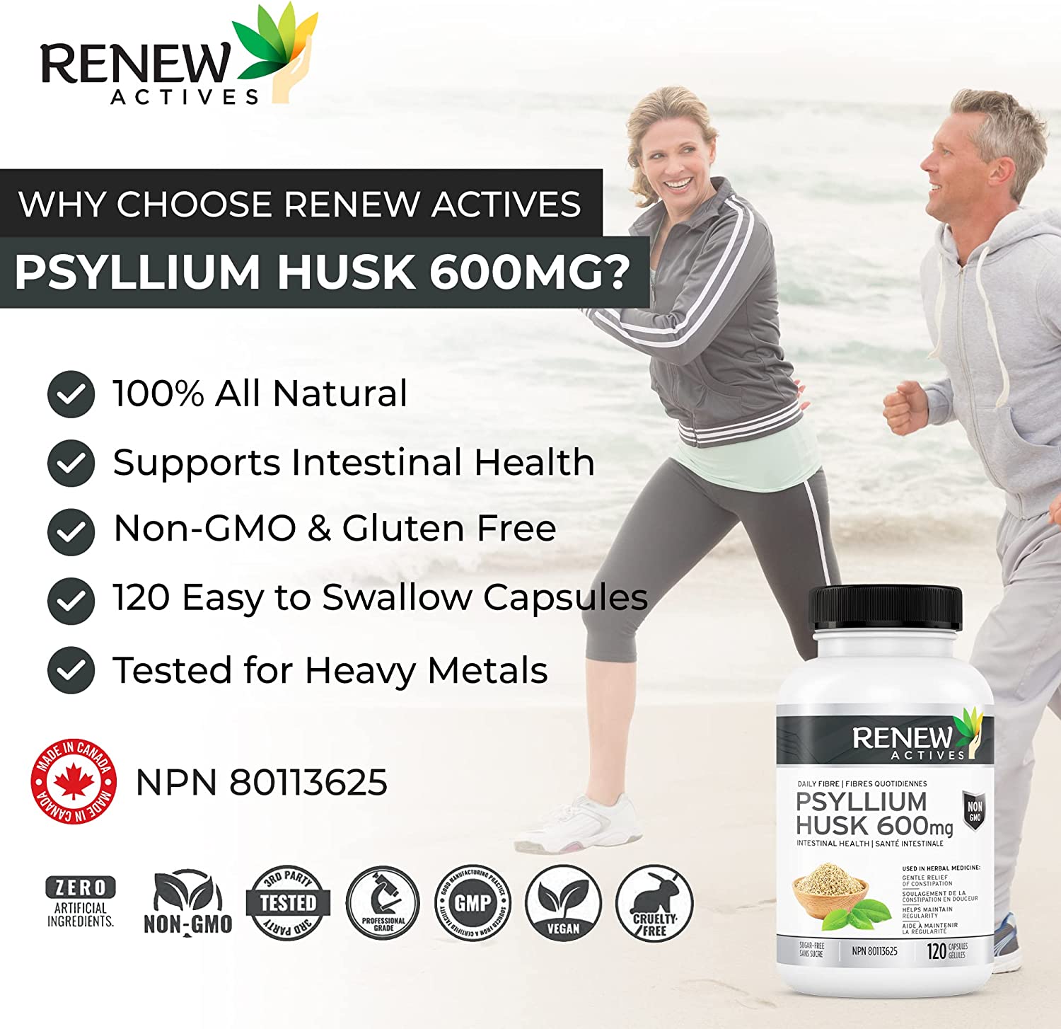Renew Actives Psyllium Husk Capsules, 600 mg, 120 Capsules, Soluble Fiber Supplement