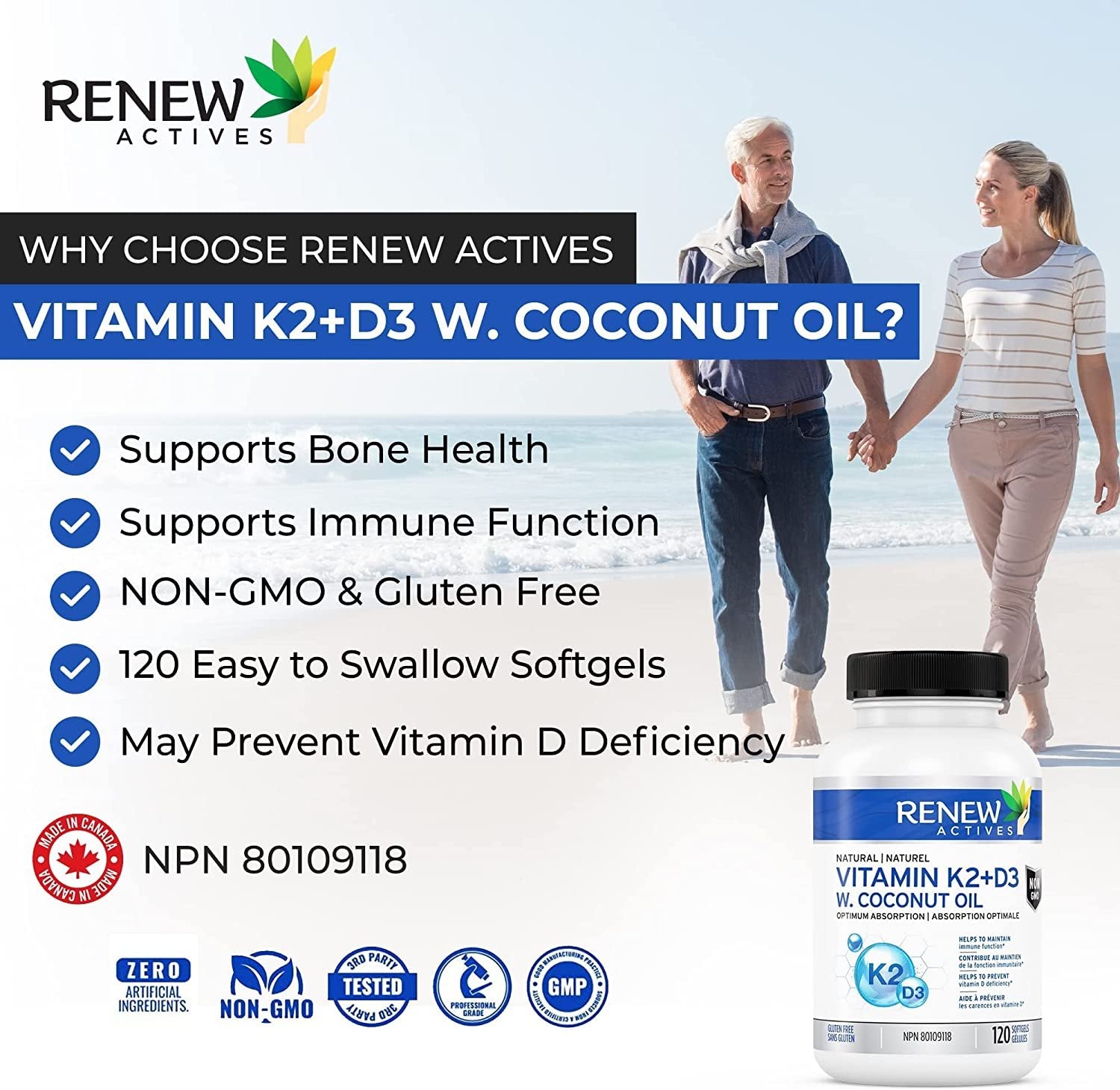 Renew Actives D3 K2 Supplement with Coconut Oil - 120 Soft Gels