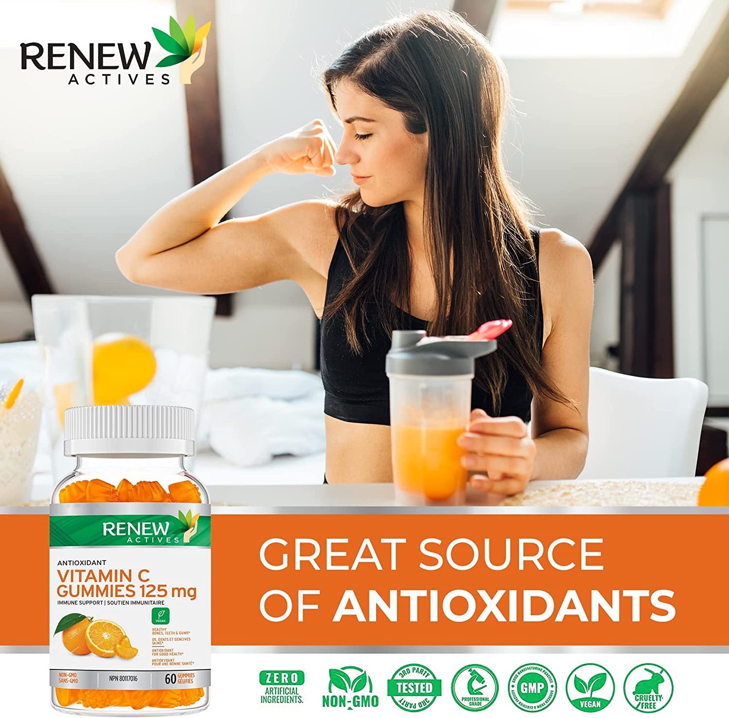 Renew Actives Vitamin C Gummies, (60 Count) 125MG, Like Eating Fresh Oranges